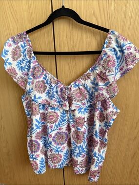 J. Crew 100% Cotton Cream Floral Button-Front Top with Pink & Blue Print